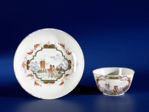 Bell-shaped cup and saucer with two European men at different seaports