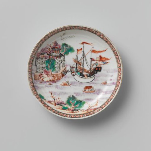 Saucer with an image of a Chinese junk near a fort