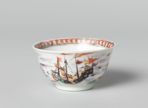 Bell-shaped cup with an image of a Chinese junk near a fort