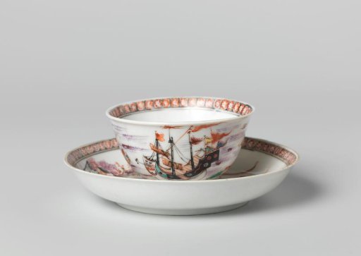Bell-shaped cup and saucer with an image of a Chinese junk near a fort