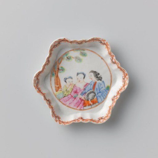 Hexagonal teapot stand with two women and a man under a tree