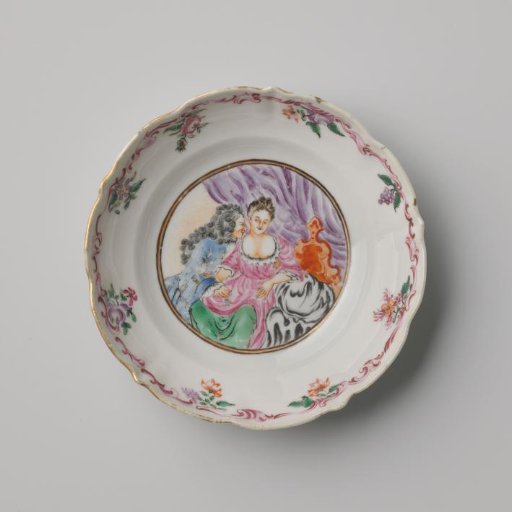 Saucer with a prostitute and man in an interior