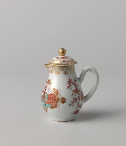 Pear-shaped milk jug with Europeans in a landscape and two flower sprays