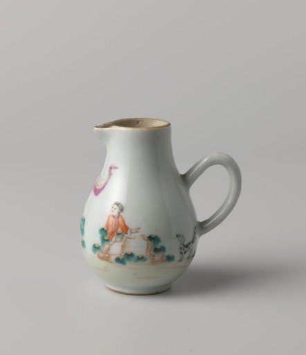 Pear-shaped milkjug with two women, a man and boy with a dog in a landscape
