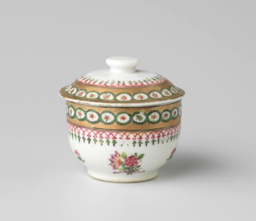 Covered jar with bouquets, scattered flowers and ornamental borders