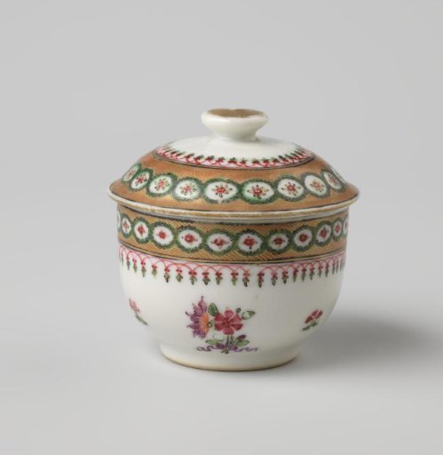 Covered jar with bouquets, scattered flowers and ornamental borders