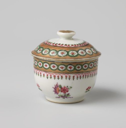 Covered jar with bouquets, scattered flowers and ornamental borders