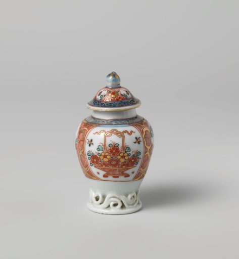 Ovoid tea caddy with flower basket and water landscape in panels