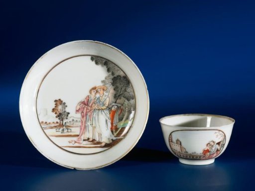 Bell-shaped cup and saucer with European figures in a landscape