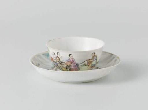 Bell-shaped cup and saucer with an image of Rebecca at the Well