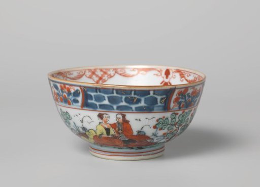 Bowl with a flowerbasket and a courting couple in a landscape