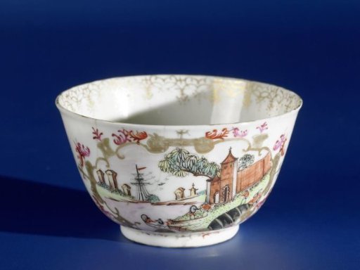 Bell-shaped cup with European landscapes in panels