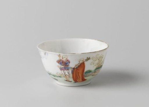 Bell-shaped cup with four men watching a dragon in the clouds