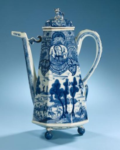 Octagonal coffee pot with hunting and mythological scenes