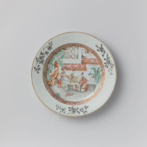 Plate with women in a walled garden near a pond