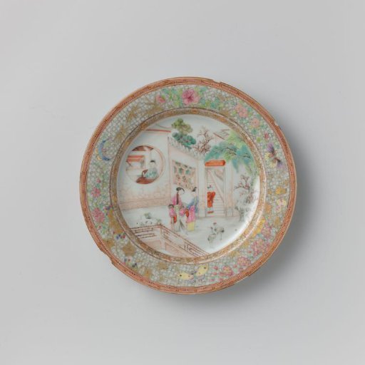 Plate with figures in a walled garden with cranes