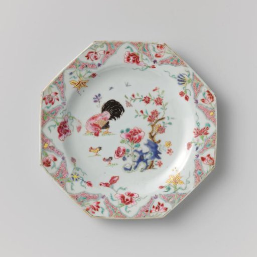 Octagonal plate with a cock and two little chickens near a rock with flowering plants