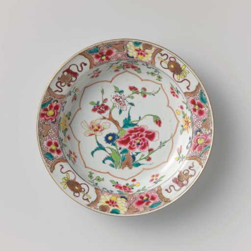 Soup plate with flowering plants, flower sprays and attributes of the Eight Immortals