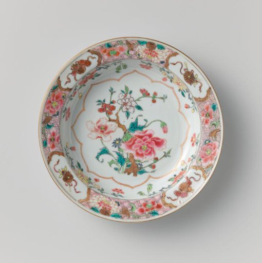 Soup plate with flowering plants, flower sprays and attributes of the Eight Immortals