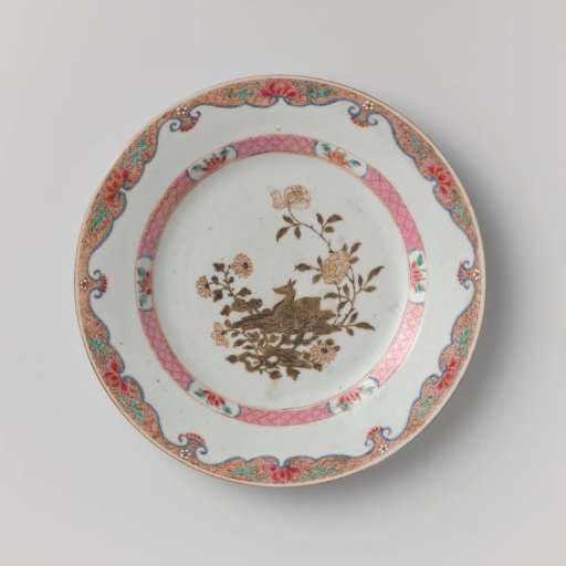 Plate with a deer lying among flowering plants