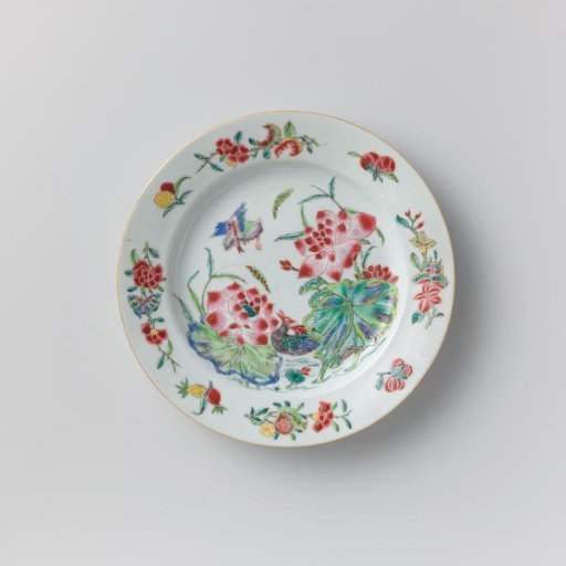 Plate with lotus plants, ducks and flower sprays