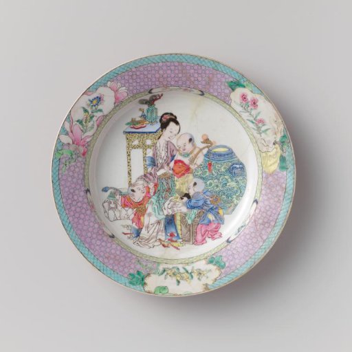 Plate with a woman and three boys among precious objects