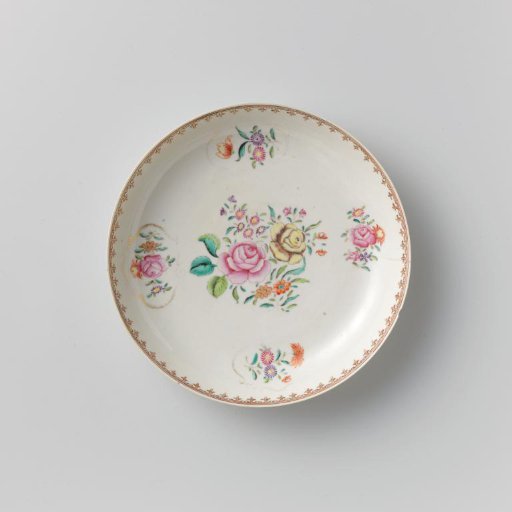 Saucer-dish with a group of flowers and flower sprays in panels