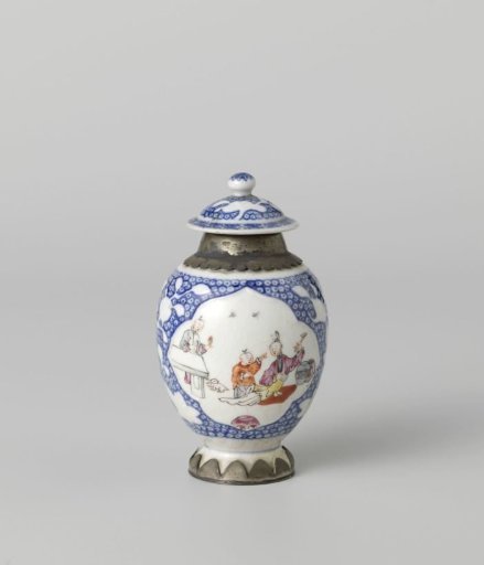 Tea caddy with women, boy and silver mounts