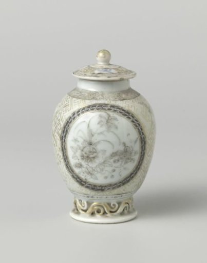 Ovoid tea caddy with flowering plants, swastika and diaper pattern
