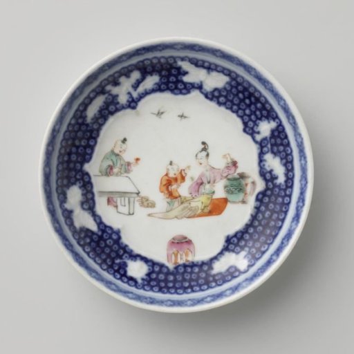 Saucer with two women and a boy with butterflies and flower sprays