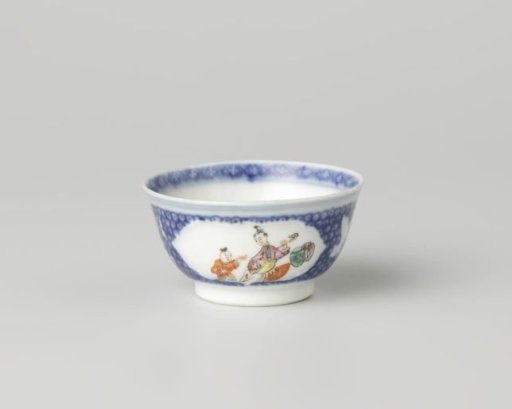 Bell-shaped cup with two women and a boy with butterflies and flower sprays