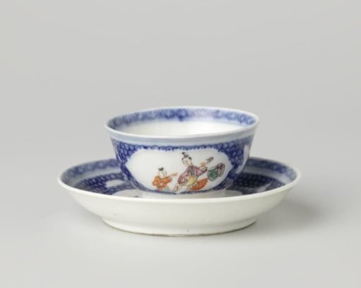 Bell-shaped cup and saucer with two women and a boy with butterflies and flower sprays