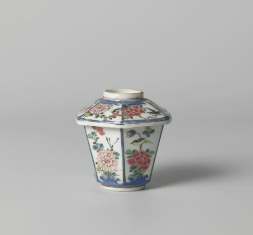 Hexagonal, covered cup with flower sprays, birds and insects