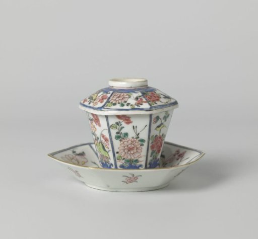 Hexagonal, covered cup and saucer with flower sprays, birds and insects