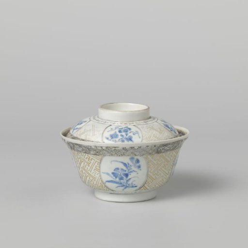 Covered bowl with flowering plants, swastika and diaper pattern