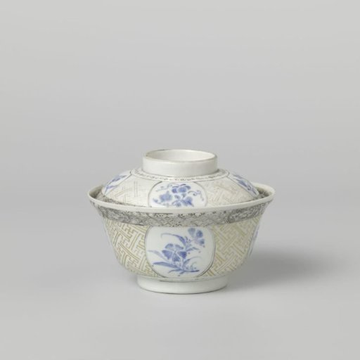 Covered bowl with flowering plants, swastika and diaper pattern