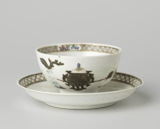 Cup and saucer with antiquities and flower sprays