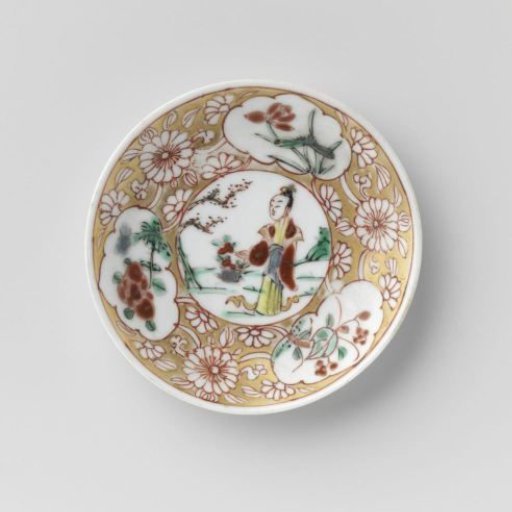 Saucer with a woman with flower basket and flowering plants in panels