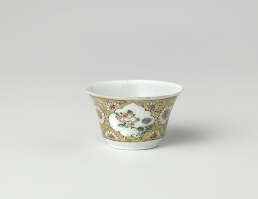 Cup with a woman with flower basket and flowering plants in panels