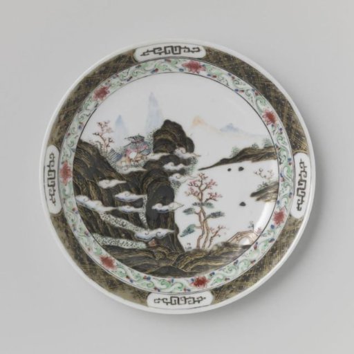 Saucer with a mountainous landscape with pavilion, river and trees