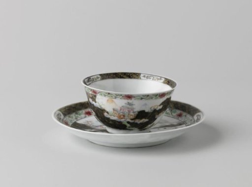Bell-shaped cup and saucer with a mountainous landscape with pavilion, river and trees