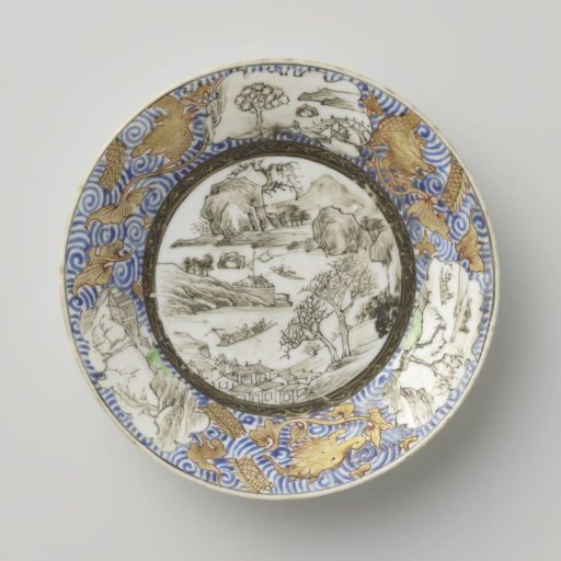 Saucer with landscapes and dragons amid scrollwork