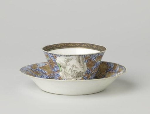 Cup and saucer with landscapes and dragons amid scrollwork
