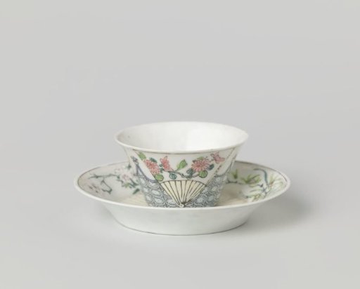 Cup and saucer with three fans with flower sprays