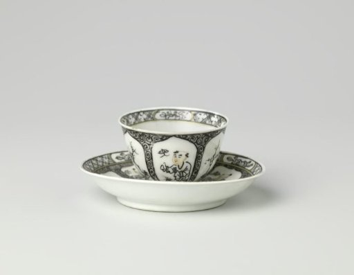 Cup and saucer with a boy and a butterfly in a landscape