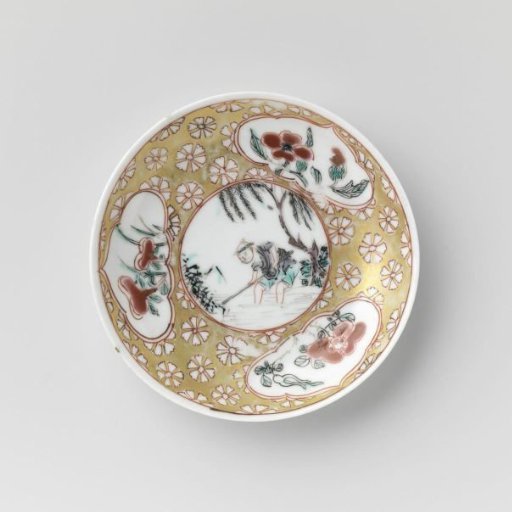 Saucer with a farmer and flowering plants in panels