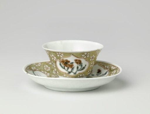 Cup and saucer with a farmer and flowering plants in panels
