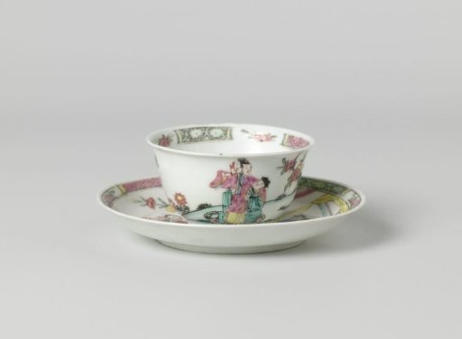 Bell-shaped cup and saucer with a courting couple in a garden near a pavilion