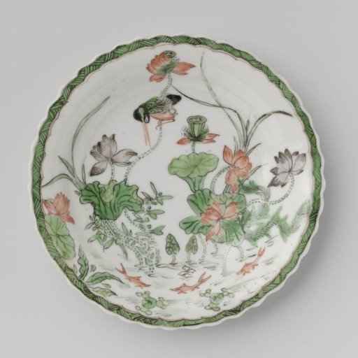 Saucer with a pond, lotus plants, fish and birds