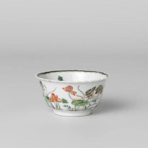 Cup with a pond, lotus plants, fish and birds